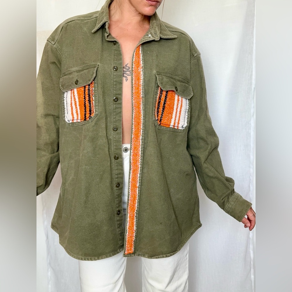 Custom Wool Olive Green Button-Up Shirt with Hand Sewn Orange Accents